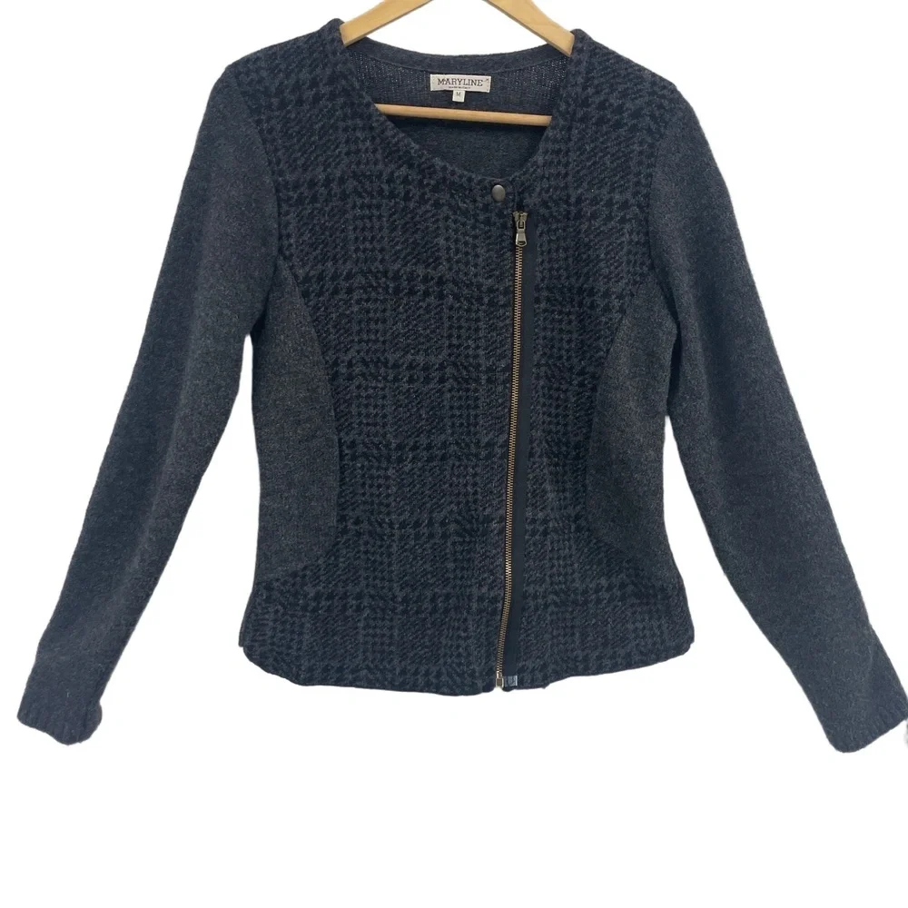 Maryline Italy Grey Black Sweater Jacket Asymmetrical Zip Houndstooth Medium‎